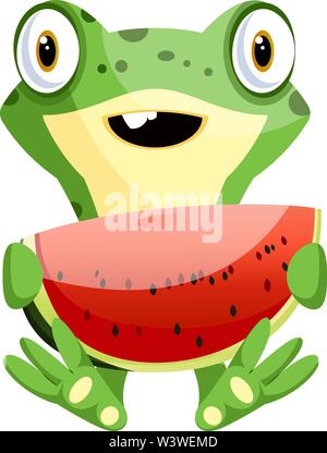 Cute baby frog holding a watermelon, illustration, vector on white background. Stock Vector