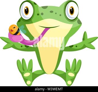 Cute cartoon frog catching a bee, illustration, vector on white background. Stock Vector