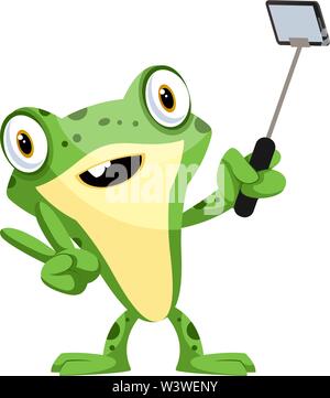 Cute, smiling baby frog, taking a selfie with a selfie stick, illustration, vector on white background. Stock Vector