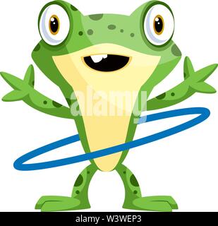 Happy frog dancing with the hula hoop, illustration, vector on white background. Stock Vector