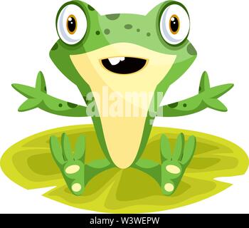 Cheerful cartoon frog sitting on a leaf, illustration, vector on white background. Stock Vector