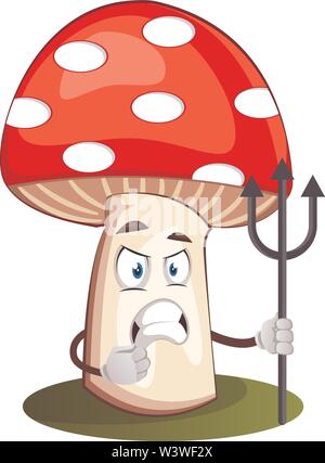 Angry mushroom with spear, illustration, vector on white background. Stock Vector