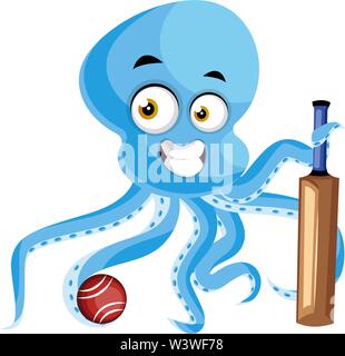 Octopus with baseball bat, illustration, vector on white background. Stock Vector