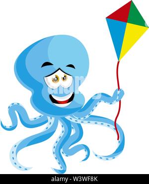 Octopus with flying kite, illustration, vector on white background. Stock Vector