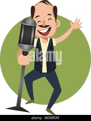 Man singing on microphone, illustration, vector on white background. Stock Vector