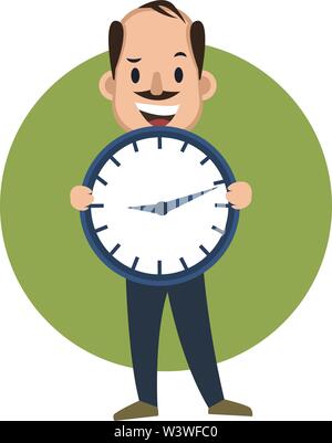 Man with big clock, illustration, vector on white background. Stock Vector