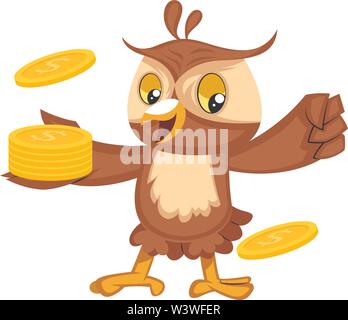 Owl with coins, illustration, vector on white background. Stock Vector