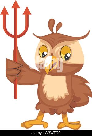 Owl with devil fork, illustration, vector on white background. Stock Vector