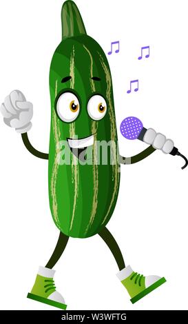Cucumber singing on microphone, illustration, vector on white background. Stock Vector
