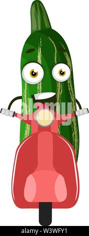 Cucumber on red scooter, illustration, vector on white background. Stock Vector