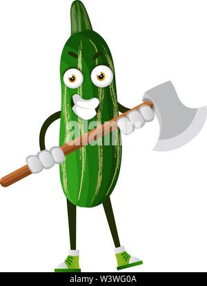 Cucumber holding axe, illustration, vector on white background. Stock Vector