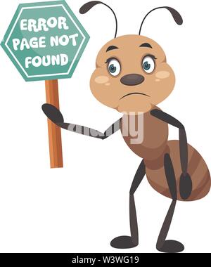 Ant holding 404 error sign, illustration, vector on white background. Stock Vector