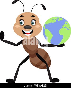 Ant with planet earth, illustration, vector on white background. Stock Vector