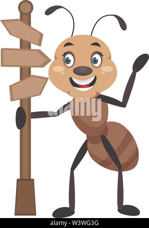 Ant with road sign, illustration, vector on white background. Stock Vector