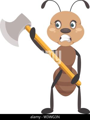Ant holding big axe, illustration, vector on white background. Stock Vector