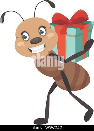 Ant holding present, illustration, vector on white background. Stock Vector