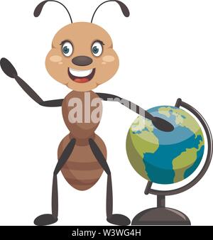Ant with globe, illustration, vector on white background. Stock Vector
