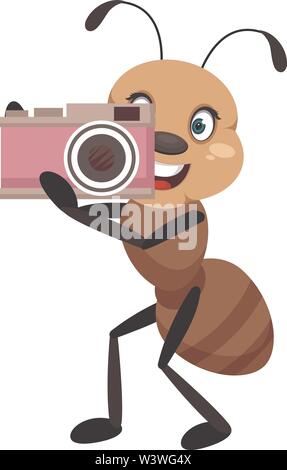 Ant with camera, illustration, vector on white background. Stock Vector