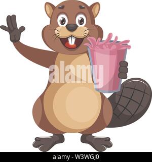 Beaver with pink jucie, illustration, vector on white background. Stock Vector
