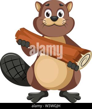Beaver holding log, illustration, vector on white background. Stock Vector