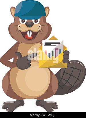 Beaver with blue hat, illustration, vector on white background. Stock Vector