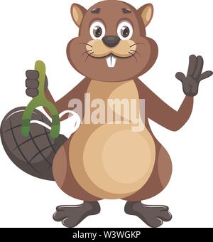 Beaver with sling shoot, illustration, vector on white background. Stock Vector