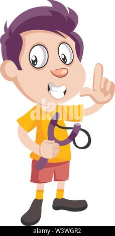 Boy with sling shot, illustration, vector on white background. Stock Vector