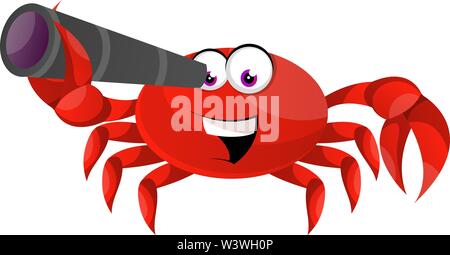 Crab looking with telescope, illustration, vector on white background. Stock Vector