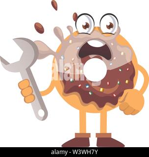 Donut holding wrench, illustration, vector on white background. Stock Vector