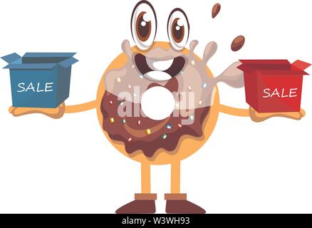 Donut with sale boxes, illustration, vector on white background. Stock Vector