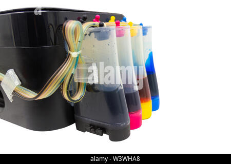 color tank on inkjet printer with Installed on the outside of the printer isolated white background Stock Photo