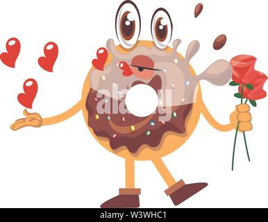 Donut holding roses, illustration, vector on white background. Stock Vector