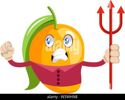 Mango with devil spear, illustration, vector on white background. Stock Vector