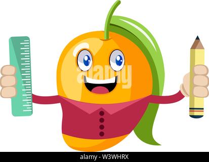 Mango with pen and ruler, illustration, vector on white background. Stock Vector