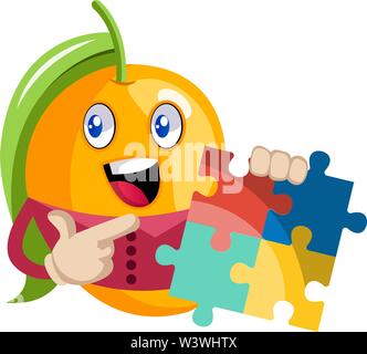 Mango holding puzzle, illustration, vector on white background. Stock Vector