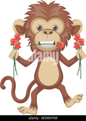 Monkey with flowers, illustration, vector on white background. Stock Vector