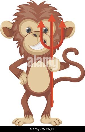 Monkey holding devil spear, illustration, vector on white background. Stock Vector