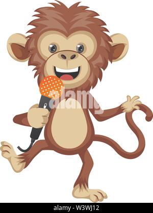 Monkey with microphone, illustration, vector on white background. Stock Vector