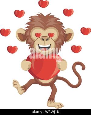 Monkey with big heart, illustration, vector on white background. Stock Vector