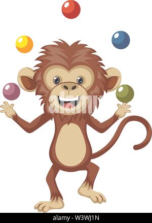 Monkey juggling with balls, illustration, vector on white background. Stock Vector