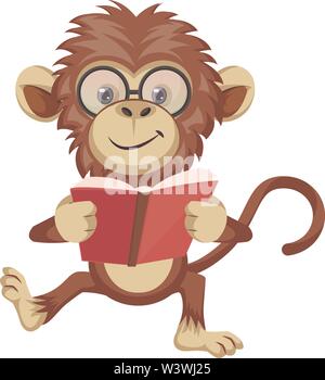 Monkey reading book, illustration, vector on white background. Stock Vector