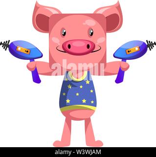 Pig with laser guns, illustration, vector on white background. Stock Vector