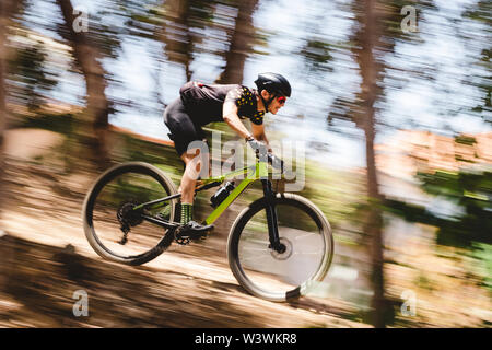 Speed blur of male mountain bike cyclist going downhill Stock Photo