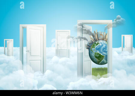 3d rendering of five doors standing on fluffy clouds, small Earth with smoking high-rise buildings emerging from one door. Stock Photo