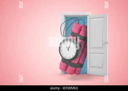 3d rendering of huge pink dynamite bundle with time bomb emerging from open door on pink gradient copyspace background. Stock Photo