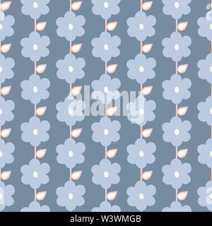 Seamless repeat pattern of stylized blue flowers and leaves in a geometric pattern. A pretty floral vector design. Stock Vector