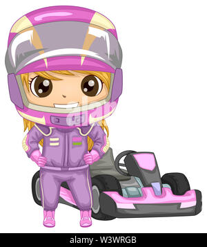 Illustration of a Kid Girl Wearing Go Kart Helmet and Uniform with Racing Go Kart Car Stock Photo
