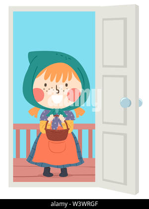 Illustration of a Kid Girl Wearing Witch Costume Holding Basket By the Door During Easter Stock Photo