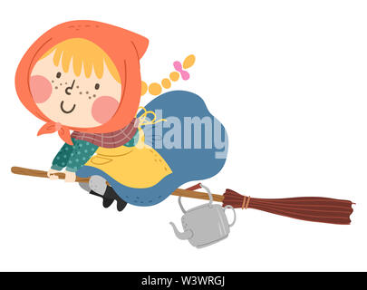 Illustration of a Swedish Kid Girl Wearing Witch Costume and Riding a Broomstick with Kettle Stock Photo