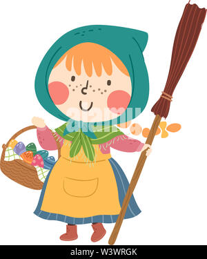 Illustration of a Swedish Kid Girl Wearing Witch Costume Holding a Basket Full of Easter Eggs and a Broomstick Stock Photo